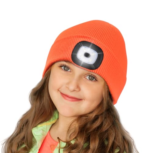 Image of Etsfmoa Unisex Beanie with The Light for Kids,Gifts for Boys and Girls Children USB Rechargeable Headlamp Cap Orange