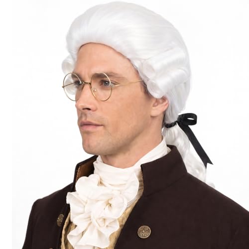 Bettecos Mens Judge Colonial Wig with Glasses Long White Powdered Wavy Wig Costume Cosplay Halloween Party Wigs (White)