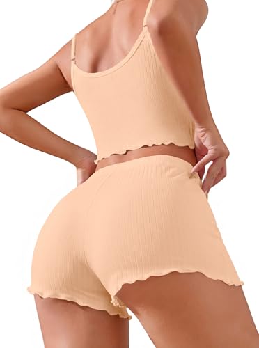 Image of Hilinker Womens Graphic Print Ribbed PJ Set Crop Cami Tops and Shorts Cute Pajamas Set