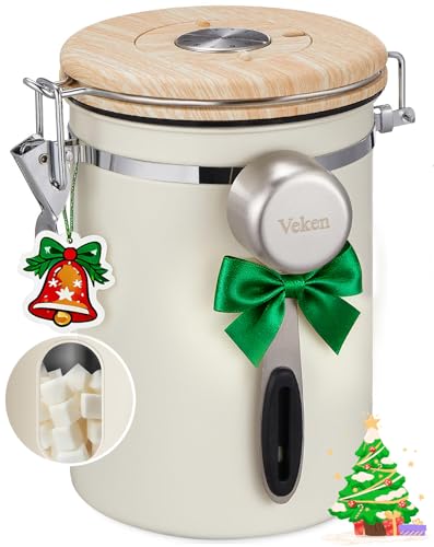 Veken Coffee Sugar Canister with Window, Christmas Coffee Lovers Gift Basket Set, Airtight Stainless Steel Kitchen Food Storage Container Gifts for Grounds, Beans,Tea,Flour, Cereal, Scoop, 22OZ,Cream
