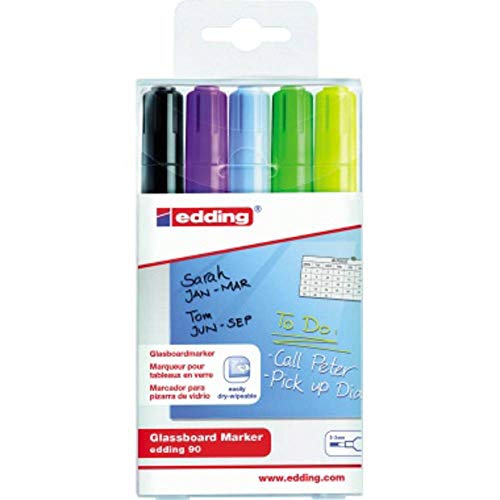 edding 90 Marqueur pour tableaux en verre - multi-couleur - étui de 5 stylos - pointe ronde 2-3 mm - marqueurs effaçables pour vitres - pour vitres, tableaux - effaçables à sec