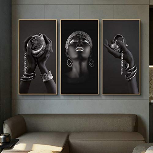 Toile Art Africain Mains Noires et Bijoux Dorés Gravure Murale Premium Chic 70x140cm