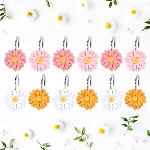 Whaline 12Pcs Boho Daisy Shower Curtain Hooks Summer 4 Colors Flower Shower Rod Rings Floral Decorative Curtain Hanger Hooks for Living Room Bedroom Bathroom Decor