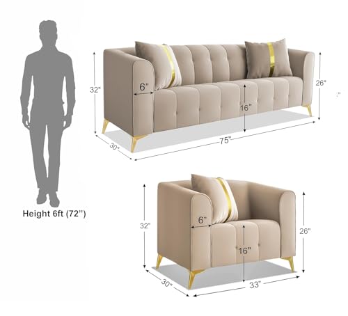 Image of A to Z Furniture Classic Chesterfield Sofa Set Luxury Chesterfield Sofa in for Home Living Room & Office (Beige)