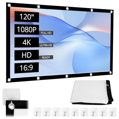 QWORK Pantalla de proyector de 120 pulgadas, pantalla de proyección plegable HD 16:9, pantalla de proyector antiarrugas con accesorios, para uso en interiores y exteriores