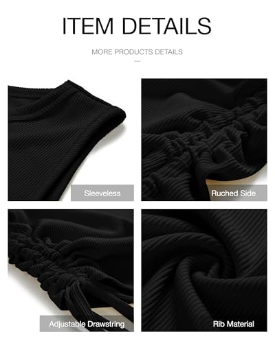 Image of BTFBM Women Sleeveless Bodycon Ruched Short Dress Side Drawstring Solid Crew Neck Casual Summer Tank Shirt Mini Dresses