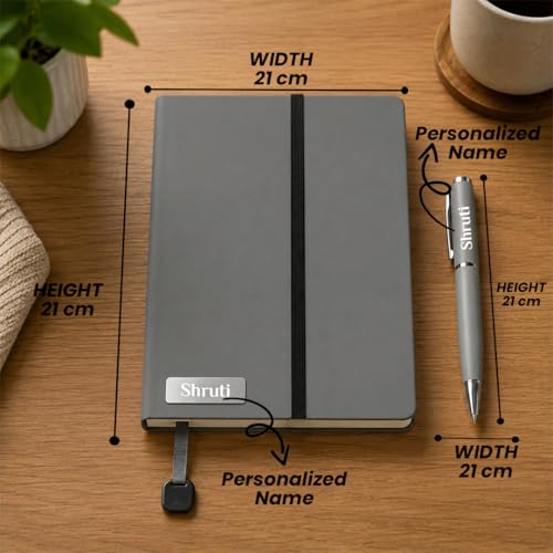 Image of Giftana Personalized Notebook Diary with Pen Gift Set for Men and Women, 2 in 1 Customized Office Diaries A5 Size Notebook, Diwali Gifts, Personalised New Year Corporate Gifts for Employees (Grey)