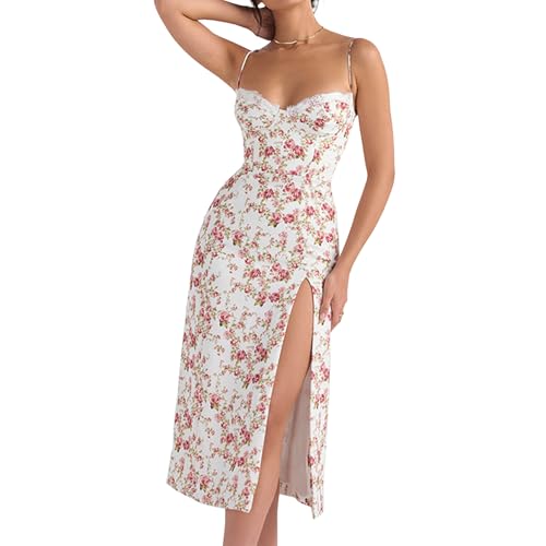 Image of Women Floral Maxi Dress Summer Spaghetti Strap Bodycon Split Slit Lace Trim Side Backless Elegant Long Dresses