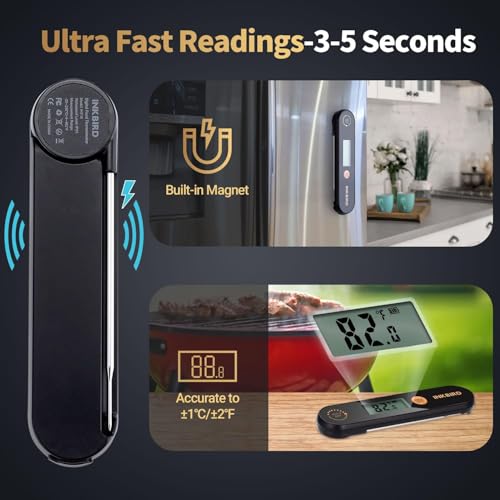 INKBIRD Food Thermometer IHT-1X Digital Instant Read Meat Thermometer with LCD Screen Foldable Probe Fast Read Rechargeable IPx5 Waterproof for Cooking BBQ