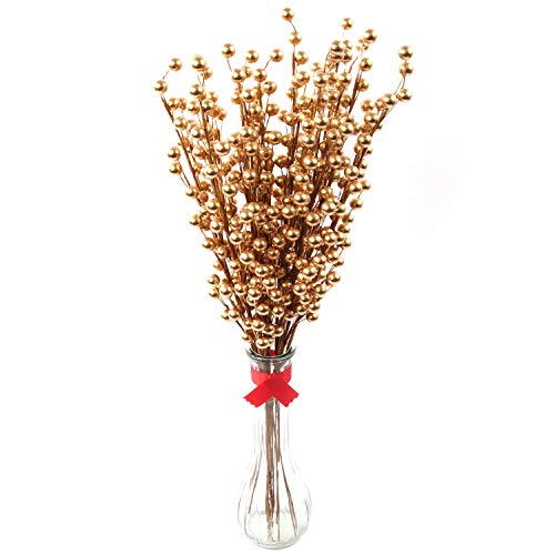 Larksilk 12 Pack Artificial Gold Berry Stem Picks - Decorative Faux Branch Picks for Christmas Tree, Wreaths, Centerpieces & Holiday Decor