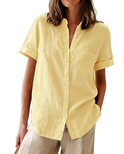 Womens Button Down Shirts Oxford Short Sleeve Cotton Dress Shirts Collared Button Up Casual Blouses Tops with Pocket - Yellow M