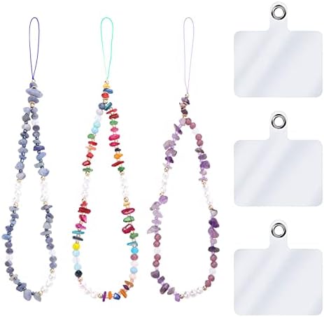 WLLHYF Phone Charm Strap Beaded Handmade and Transparent Lanyard Tether Patch Insert 3 Pack, Colourful Stone Pearl Mobile Phone Natural Crystal Wrist Strap Anti-Lost Chain String Keychain Charm Tether