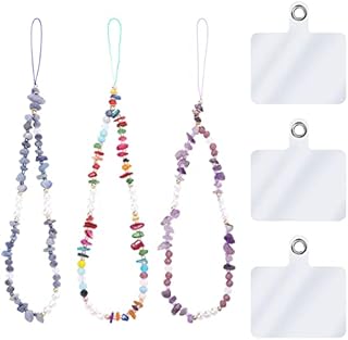 WLLHYF Phone Charm Strap Beaded Handmade and Transparent Lanyard Tether Patch Insert 3 Pack, Colourful Stone Pearl Mobile Phone Natural Crystal Wrist Strap Anti-Lost Chain String Keychain Charm Tether