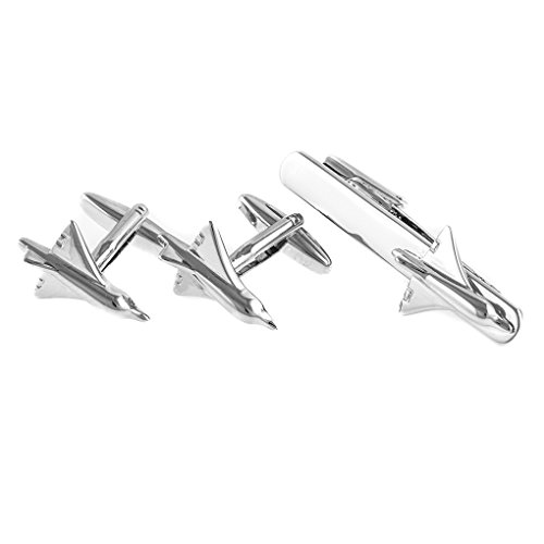 MRCUFF Airplane Plane Jet Fighter Bomber Military Pilot SST Concorde Pair of Cufflinks & Tie Bar Clip in Presentation Gift Box & Polishing Cloth