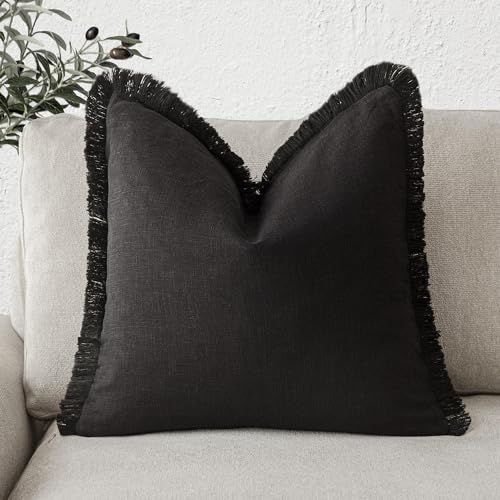 Image of Foindtower Decorative Linen Fringe Throw Pillow Covers Cozy Boho Farmhouse Cushion Cover with Tassels Soft Accent Pillowcase for Chair Sofa Bed Living Room Home Decor, 18x18 Inch, 1PC, Black