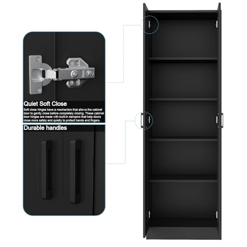Panana Wooden Storage Cabinet, Freestanding Tall Kitchen Cupboard Sideboard Organizer Unit With 2 Doors & Adjustable Shelves, High Utility Cabinet for Living Room, Bedroom, Kitchen and Hallway (Black) - Image 6