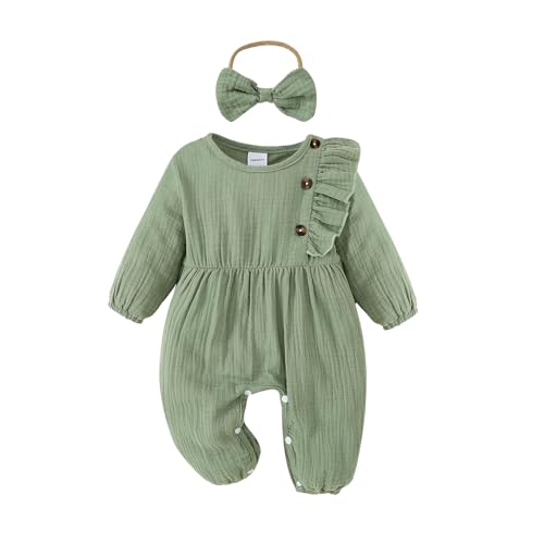 Newborn Baby Girls Smocked Romper Preemie Long Sleeve Going Home Outfit with Bow Headband