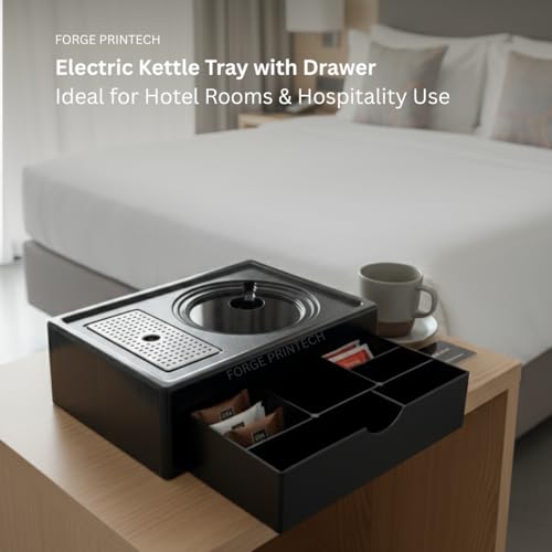Image of FP Premium Hospitality Kettle Tray with Drawer, Multi Compartment Tea Stand, Black ABS Plastic, Compact design 13.5 x 10 inches, Hotel Room Organizer (1 set)