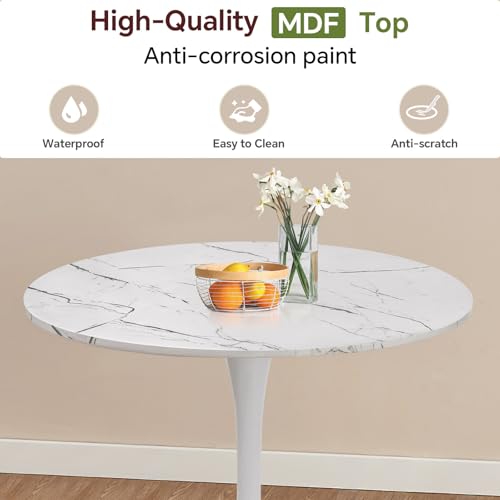 Image of Round Dining Table 31.5 inch Faux Marble White Tulip Table with Pedestal Base for 2-4 People Small Space - Kitchen Living Room Cafe