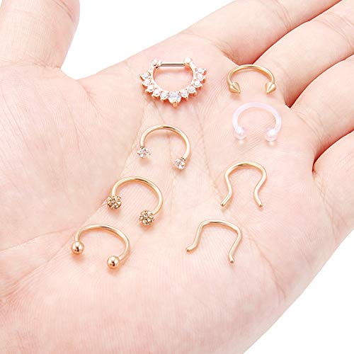 Hoeudjo Septum Clicker Rings 16G Surgical Steel Nose Hoop Rings Retainer Body Piercing Jewelry With Clear Cz Women Men U & D Shaped Daith Helix Tragus Lip Cartilage Earrings 8 Pieces Rose Gold #TOP2