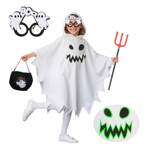 Meleager Deguisement Fantome Enfant, Costume Fantome Enfant avec Sac à Main, Fourchette du Diable et Lunettes Fantômes, pour Halloween, Carnaval, Fête à Thème