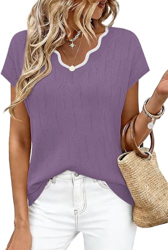 Image of WIHOLL Womens Summer Tops Cap Sleeve Sweater V Neck Shirts Beach Vacation Clothes Business Casual Fashion Clothing