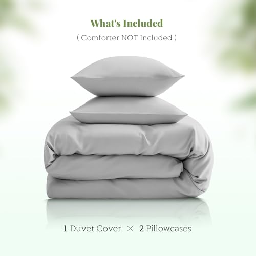 Full/Queen Duvet Cover Set, 100% Viscose Derived from Bamboo, 3 Pieces, 1 Zipper Closure Duvet Cover (90"x90") and 2 Pillowcases (20"x30") Cooling & Silky Soft (Light Grey)