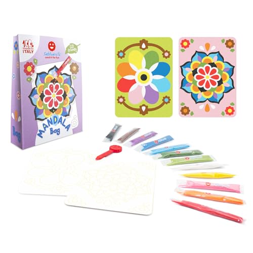 Sabbiarelli Sand-it For Fun Bag Mandala | Mini-Sand-Art-Bastelset zum Thema Mandala 100% Made in Italy mit Farbsand und Selbstklebenden Motiven | Kreative Bastelarbeiten für Kinder 5-12 Jahre