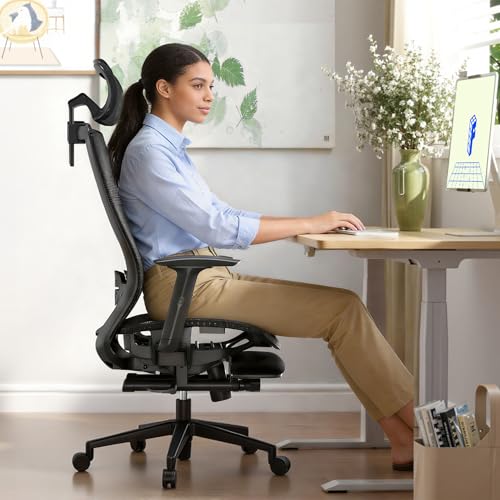 Image of FLEXISPOT Ergonomic Office Chair with Footrest, Mesh High Back Computer Chair, Home Office Desk Chairs, with Adjustable Lumbar Support /2D Headrest /Reliable Base, Breathable Mesh Seat, Black, OC3 AIR-F