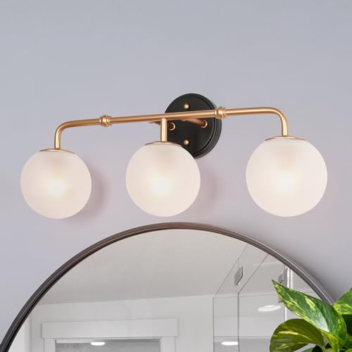 Image of KSANA Bathroom Light Fixtures, 3-Light Black and Gold Vanity Lights with White Frosted Glass Shade, 24.5-inch Modern Bathroom Lighting Over Mirror