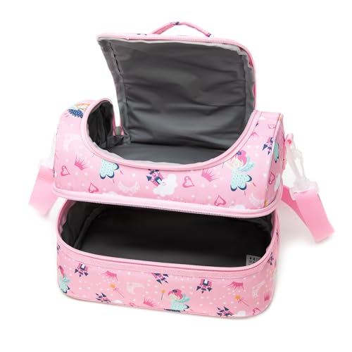 Image of Insulated Kids Dual Compartment Lunch Bags for Girls Toddler School Daycare Cooler Lunch Boxes Bento with Strap Pink Fairy
