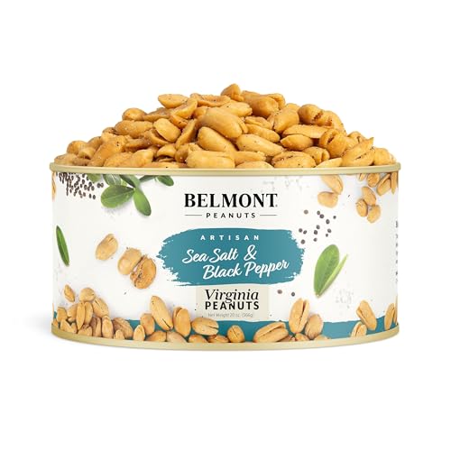 Image of Belmont Peanuts Gourmet Sea Salt and Black Pepper Flavored Virginia Peanuts, 20 oz (1 Pack) - Only 4 Simple Ingredients, No Preservatives, 7g Protein - Salty, Peppery, Crunchy, Hand Seasoned Snack