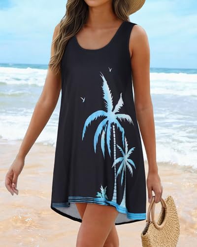 Image of Swimsuit Coverup for Women Bikini Sleeveless Beach Bathing Suit Cover Up | CHICGAL Summer Loose Tank Dress Bikini Beachwear Swimming cover, Vacation Hawaiian Cruise Pool Outfit T shirt Fashion Clothes