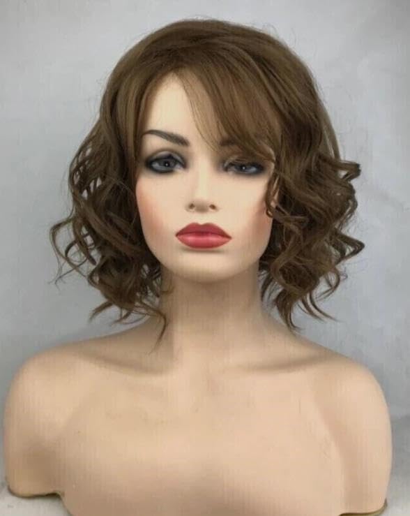 Image of 12-inch Medium Curly Wavy Brown Looking Rose Net for Daily Use with Bangs Natural Daily Party Wig (Dark Brown)