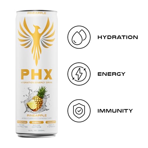 Image of PHX Hydration Energy Drink - 700mg Electrolytes, 200mg Natural Green Tea Caffeine, 100% Daily Value 8 Essential Vitamins - 12 oz Cans (12 Pack, Pineapple)
