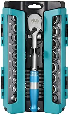 HB 90-Tooth Enclosed Flat Head Aluminum Ratchet Handle 1/2 & 3/8-Inch Drive, non-slip socket for Rounded bolts/Damaged Fasteners/Standard bolts Mechanical Tool Set 37-piece, Made in Taiwan AGM001