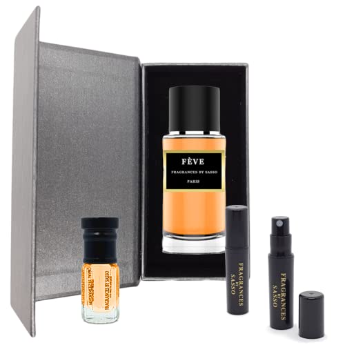 Perfume FEVE Intensamente delicioso Fragrances by Sasso Colección privada 1 almizcle de 3 ml y 3 muestras incluidas extracto de perfume genérico de 50 ml Hombre Mujer Fabricado en Francia Cover