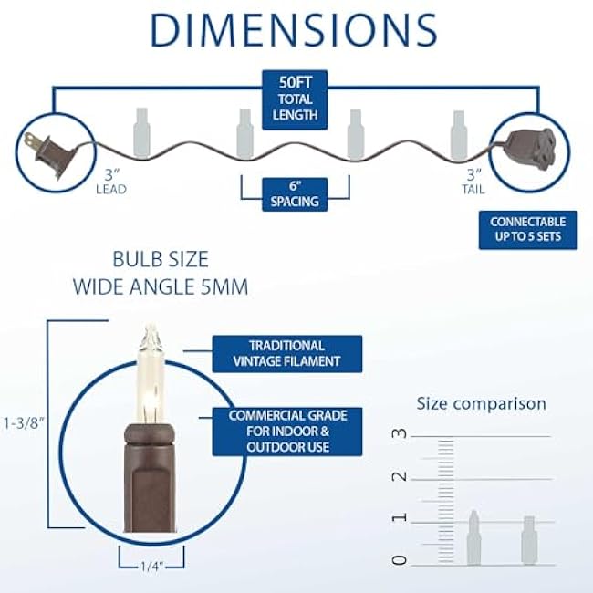 Novelty Lights 50 Feet 100 Bulbs Traditional Incandescent Mini Lights, Amber on Brown Wire with 6 Spacing, Commercial Grade and UL Listed for Indoor/Outdoor Use, End-to-End Connectable