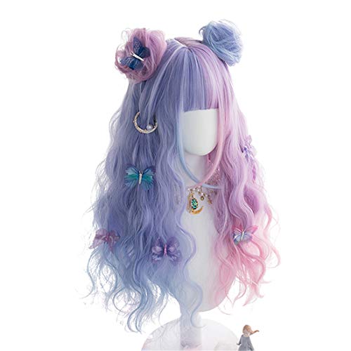 Konniqiwa Lolita Wig Purple Mixed Blue 25.5 Inch Long Curly Bangs Cosplay Party Wigs For Women Girls (Wig+Buns) #TOP28