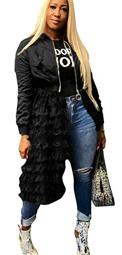 MONASAMA Women's Fashion Bomber Jacket Patchwork Zip up Open Front Ruffle Sheer Mesh Cardigan Midi Dress Black 3XL