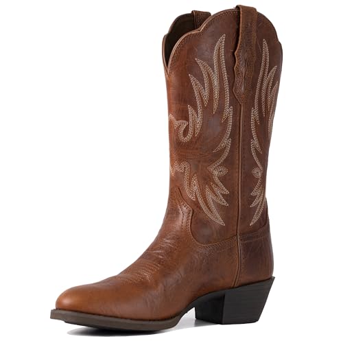 Cowboy Boots for Women Pointed Toe Western Boots Mid Calf Cowgirl Boots Pull On Embroidered Full Grain Leather(PLT203612-Brown)