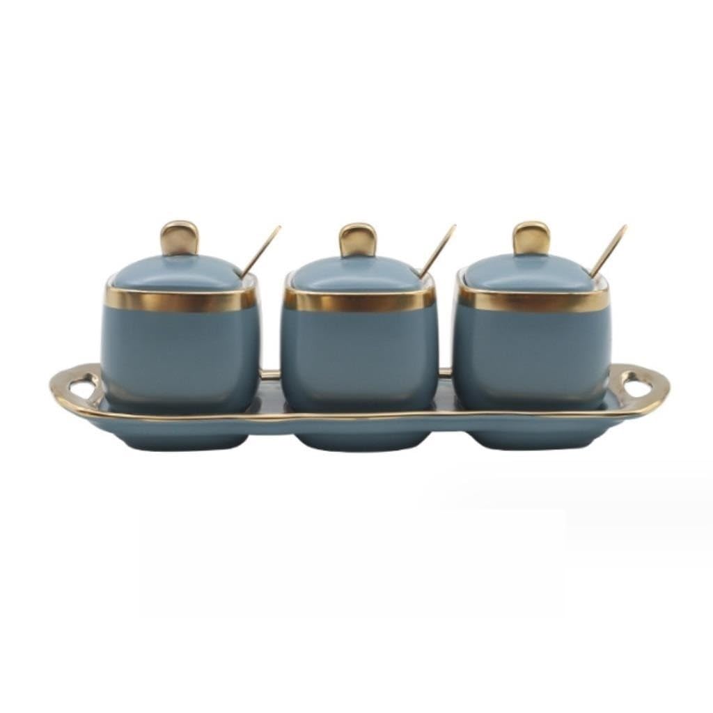 SAeWare Tarro de condimentos, contenedor de especias de cerámica, tarro de condimentos, salero, botella de condimentos, tarro de azúcar, caja de condimentos, encimera de cocina, verde, 3 piezas