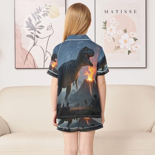 ALAZA Dinosaur Mountain Magic Satin Pajamas Set Short Sleeve Button Down Sleepwear Summer Pjs 2 Piece4