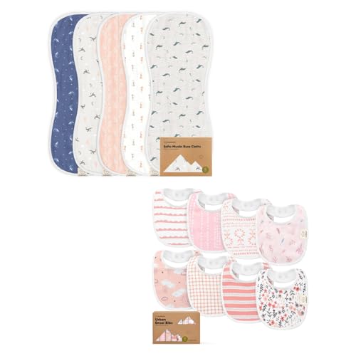KeaBabies 5-Pack Muslin Baby Burp Cloths for Boys and Girls and 8-Pack Baby Bibs for Girls & Boys - Cotton Kids Washcloths, Burping Rags - Teething Bibs for Boy, Girl
