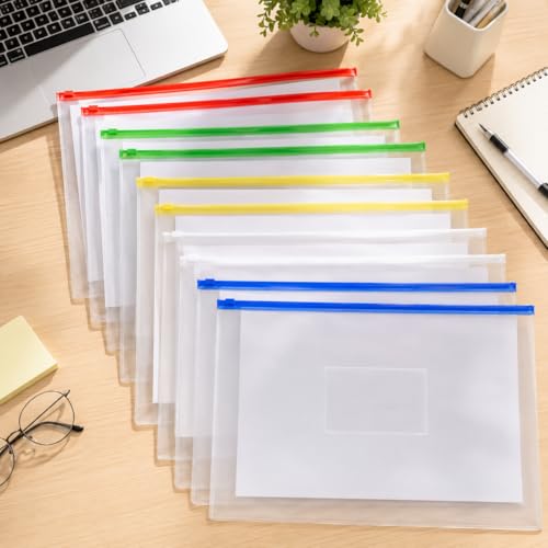 Envelopes de arquivo, pacote com 10, bolsa transparente para documentos com fecho de zíper, pastas de arquivo tamanho carta A4, bolsa de armazenamento de plástico impermeável para organização de