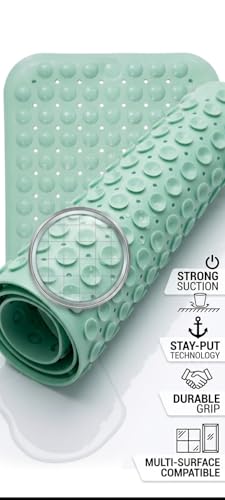 Image of Dribble Anti-Slip PVC Bath Mat with Suction Cups & Drainage Holes | Waterproof Shower Mat for Bathroom, Bathtub & Wet Areas | Soft Massage Surface, Quick Dry, Washable Bath Mat (70 X 38 cm) Green