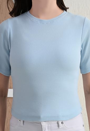 Image of Women's Cotton Ribbed Oversized Round Neck Half Sleeve Crop T-Shirt - Soft, Comfortable & Stylish Casual Top,(SkyBlue XXL)