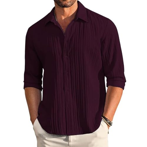 Image of DEELMO Men's Button Down Dress Shirts Textured Long Sleeve Casual Hawaiian Beach Shirt