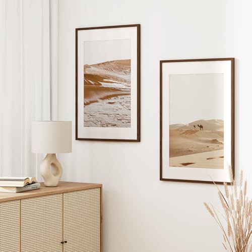 Image of FLYJOE 20x30 Oak Wood Picture Frame with Mat for 16x24, 20 by 30 USA-Sourced Natural Solid Wooden Poster Frame for Wall Display, Tempered Real Glass, Hanging Hardware Included, Walnut Color