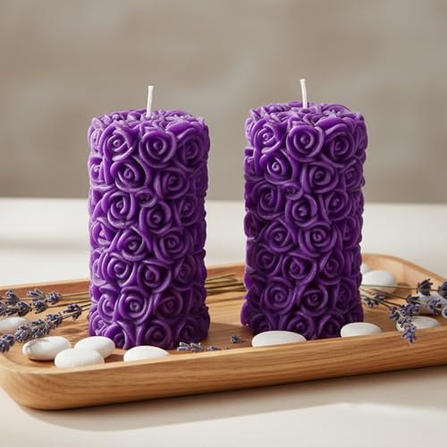 Image of Rose Pillar Candle, Purple Colour with Lavender Fragrance, Smokeless Designer Decorative Candle Set for Home Decor, Diwali & Festive Gifting (5.5 x 10.5 cm, 12hrs)